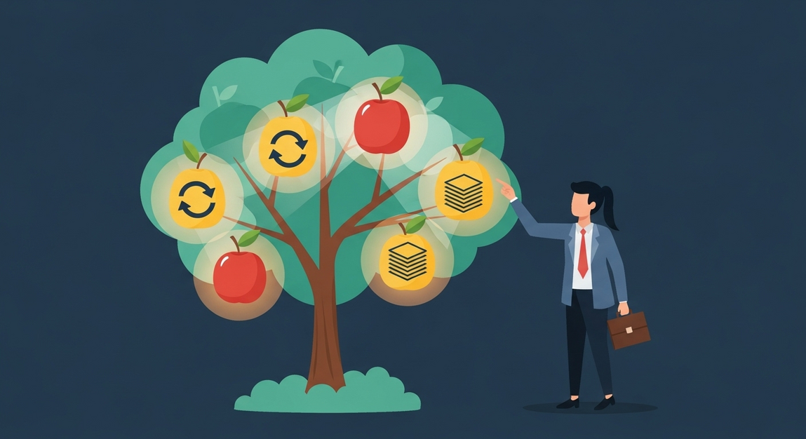 זיהוי הצעד הראשון לעבר עסק אוטונומי איור של איש עסקים הקוטף פרי נמוך מעץ, המסמל בחירת משימה קלה להתחלת פרויקט אוטומציה