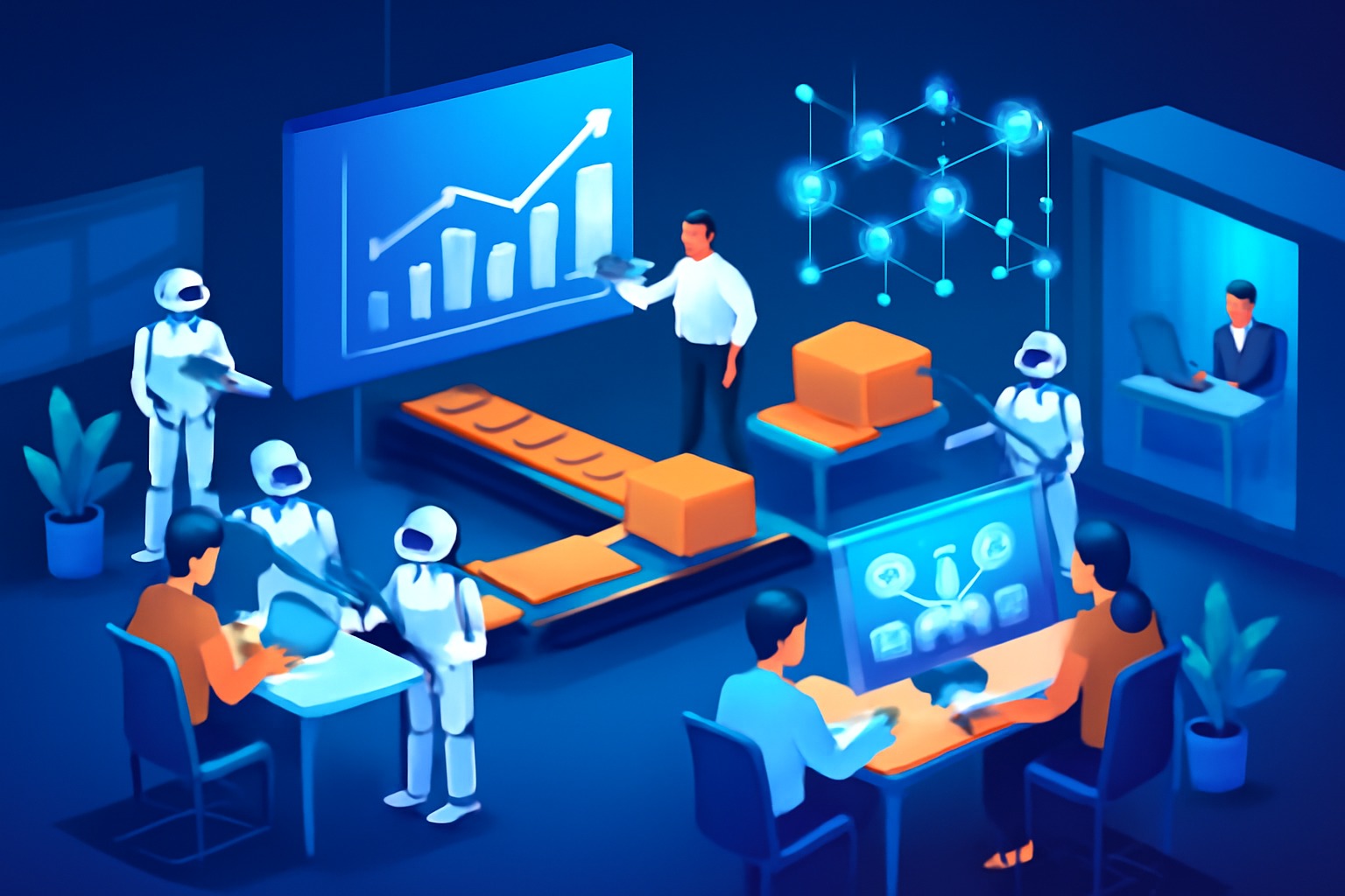 הבינו מה החסמים שלכם לסקייל אמיתי איור המראה מעבר מכאוס של תהליכים ידניים, המיוצג על ידי קווים סבוכים, ליעילות של אוטומציה, המיוצגת על ידי חץ כחול וישר