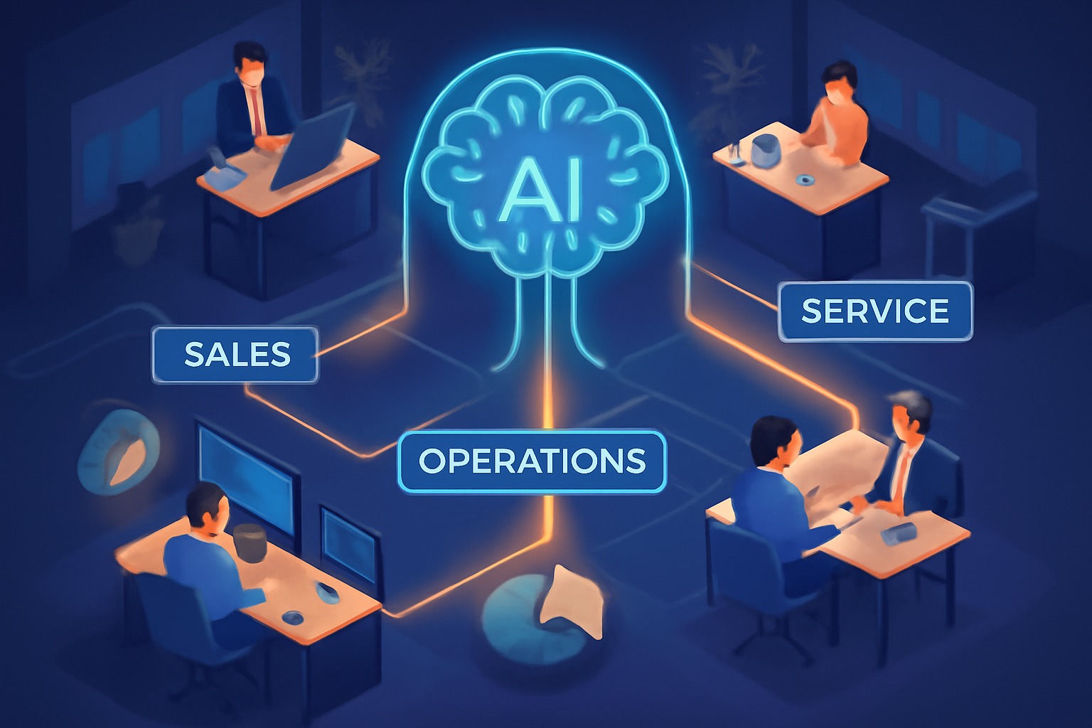 הבינו מה החסמים שלכם לסקייל אמיתי איור של אינטגרציית בינה מלאכותית אסטרטגית בעסק, עם אייקון מוח במרכז המחובר למחלקות מכירות, שירות ותפעול