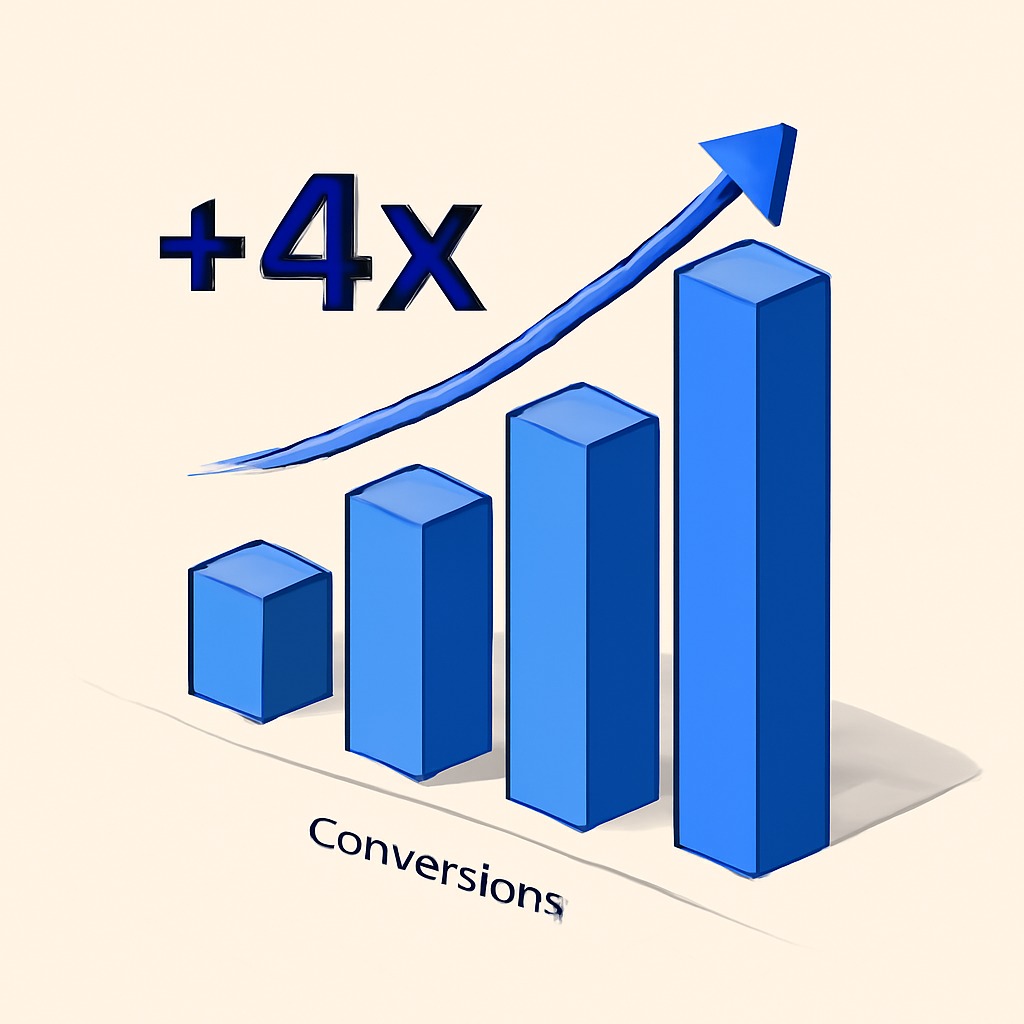 אחוז ההמרה עולה במאות אחוזים תרשים עמודות הממחיש עלייה של פי 4 בהמרות, עם עמודה כחולה גבוהה המסמלת צמיחה משמעותית