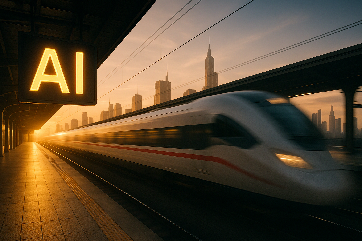 אימוץ בינה מלאכותית – הרכבת כבר יצאה מהתחנה רכבת מודרנית יוצאת במהירות מתחנה עם טשטוש תנועה, שלט דיגיטלי זוהר 'בינה מלאכותית', קו רקיע עירוני עתידני ברקע, מראה קולנועי